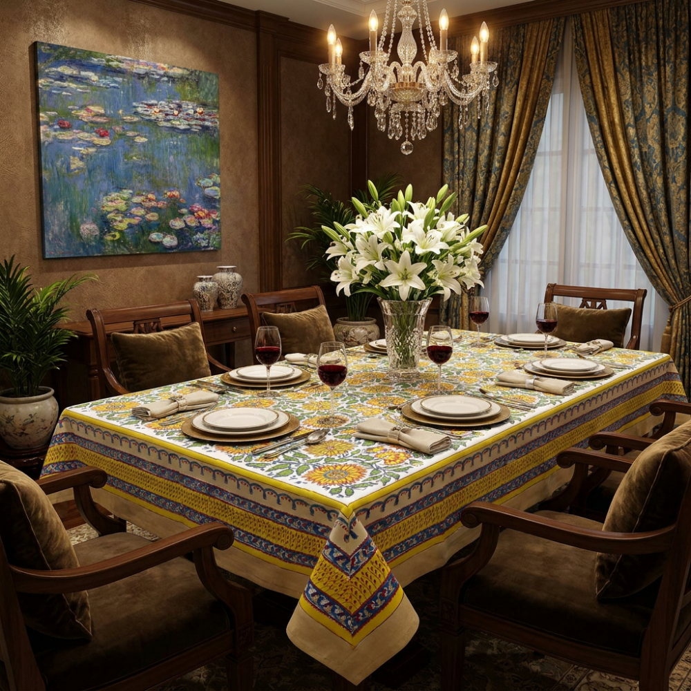 Image of Hand Block Printed Cotton Tablecloth 150x220 cms | Surajmukhi Canary Open 206589