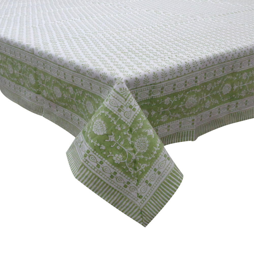 Hand Block Printed Cotton Tablecloth 150x220 cms TCL Neem Booti Celadon Green 408909