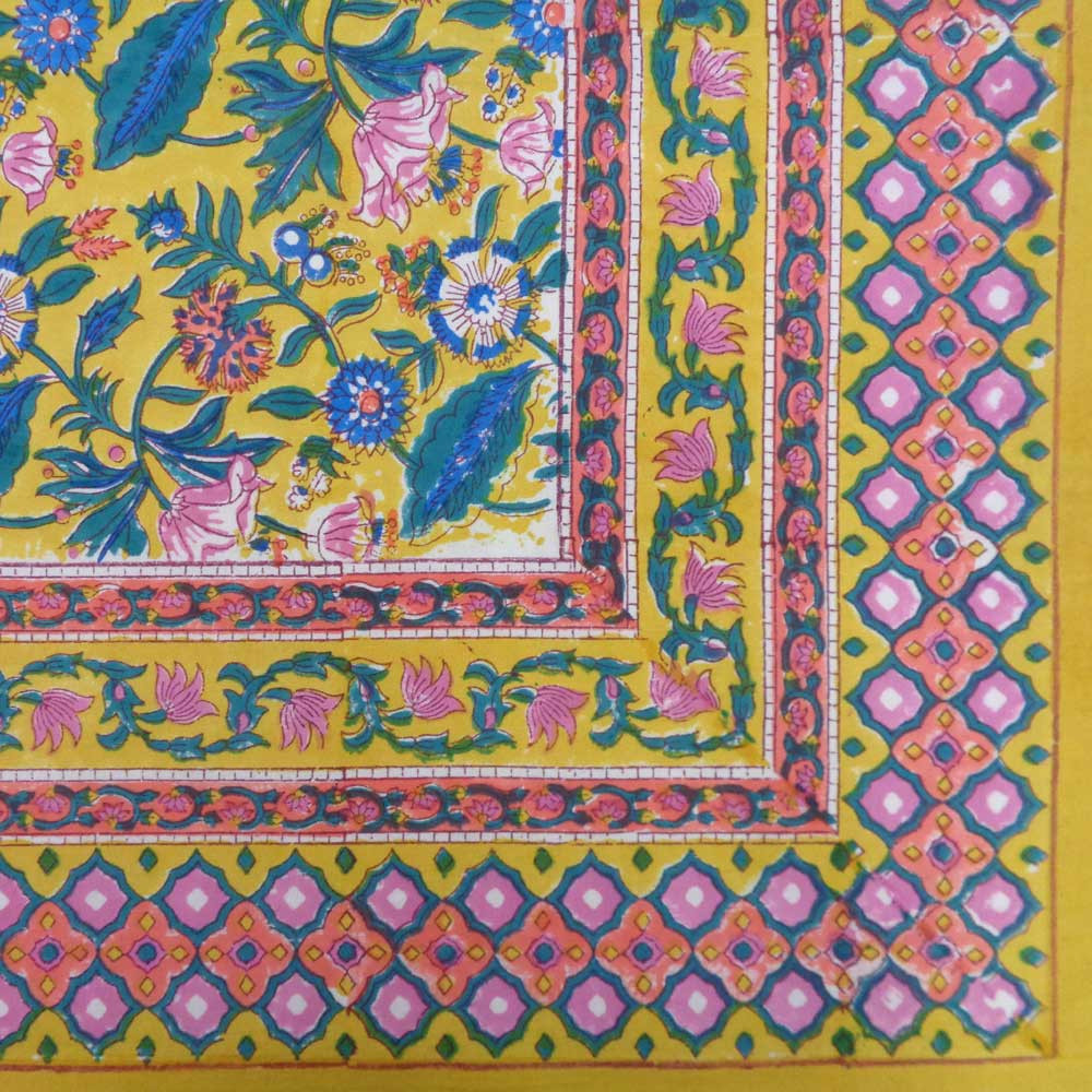 Hand Block Printed Cotton Tablecloth 150x220 cms Wild Flower Canary Yellow 202201
