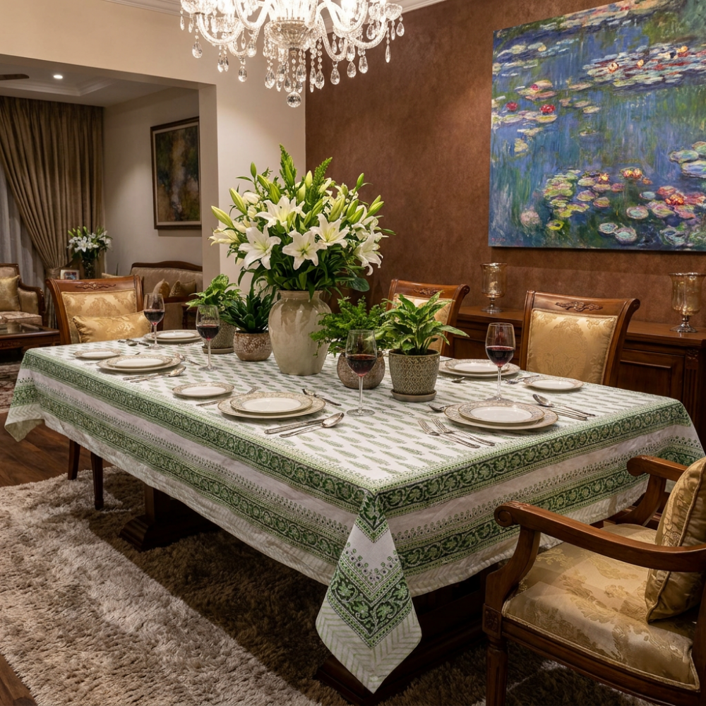 Image of Hand Block Printed Cotton Tablecloth 150x220 cms | Winter Fall Tree Vineyard 302395