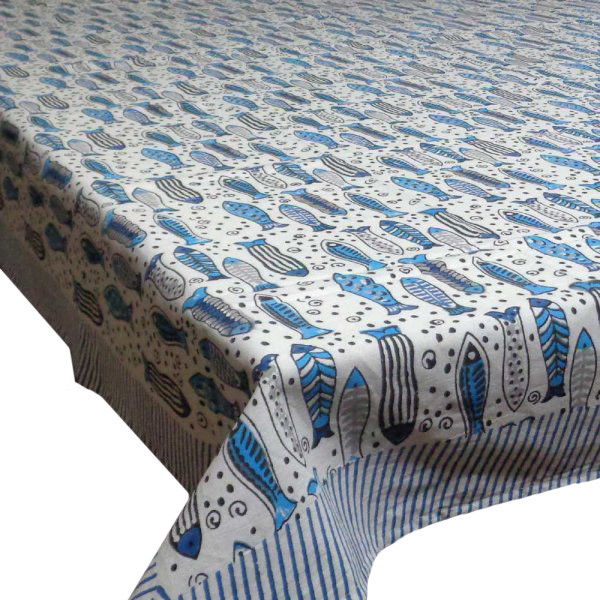 Hand Block Printed Cotton Tablecloth 180x270 Fish Blue 103071