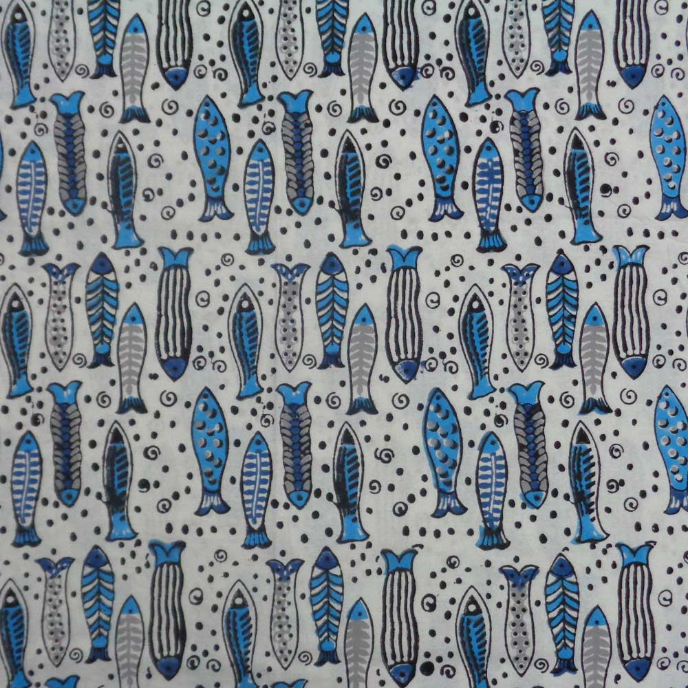 Hand Block Printed Cotton Tablecloth 180x270 Fish Blue 103071
