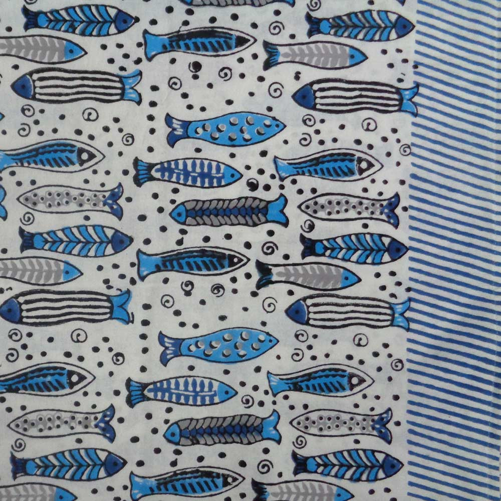Hand Block Printed Cotton Tablecloth 180x270 Fish Blue 103071