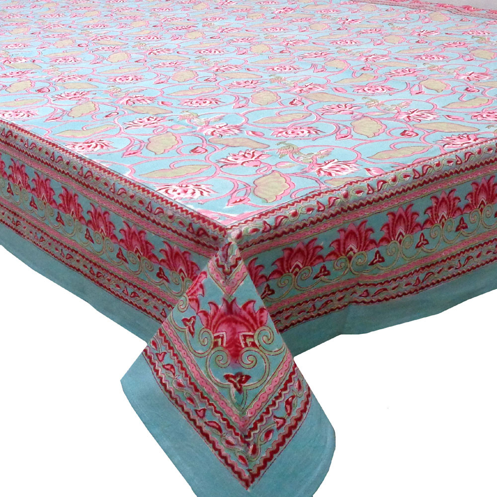 Hand Block Printed Cotton Tablecloth 180x270 Lotus Lake Jade 202202
