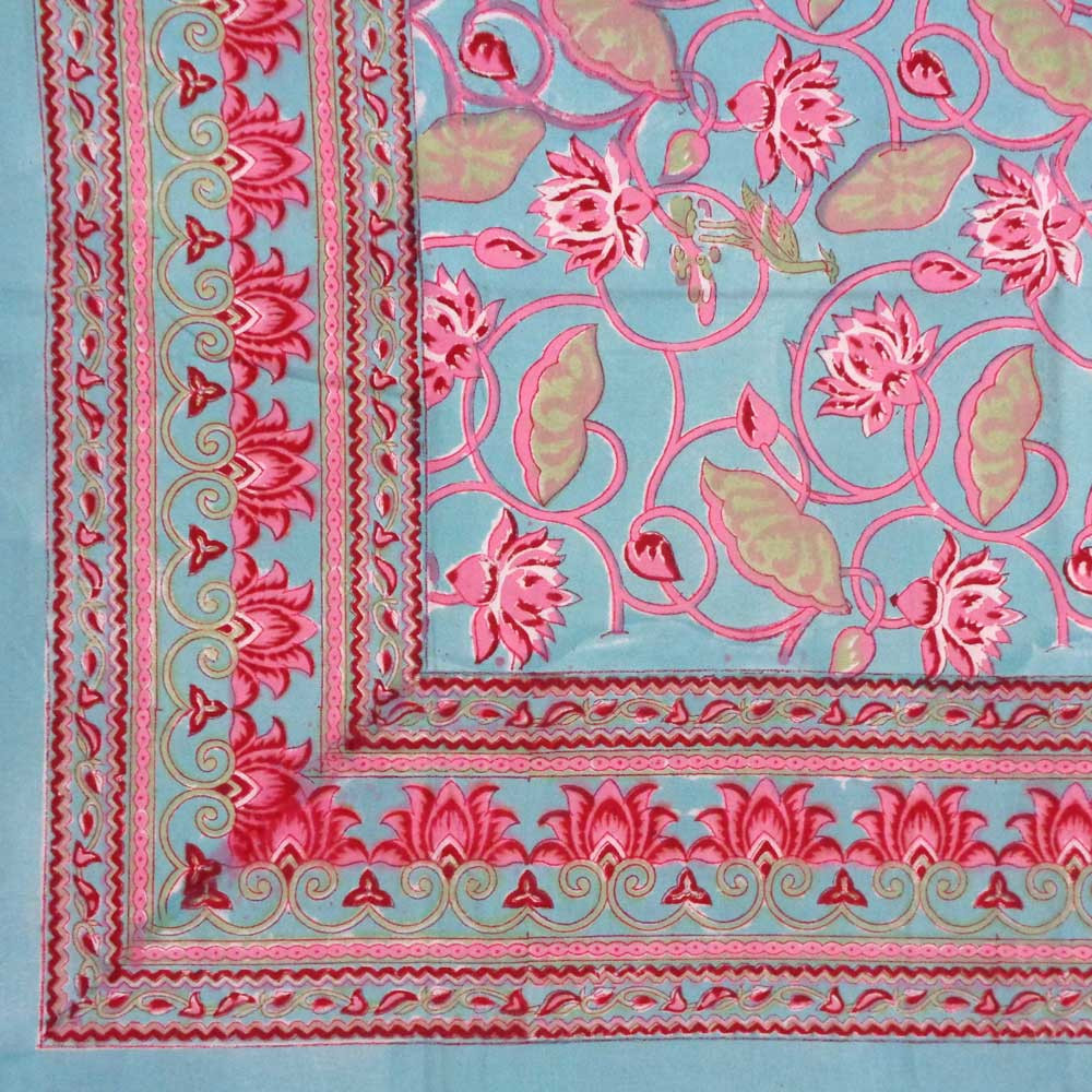 Hand Block Printed Cotton Tablecloth 180x270 Lotus Lake Jade 202202