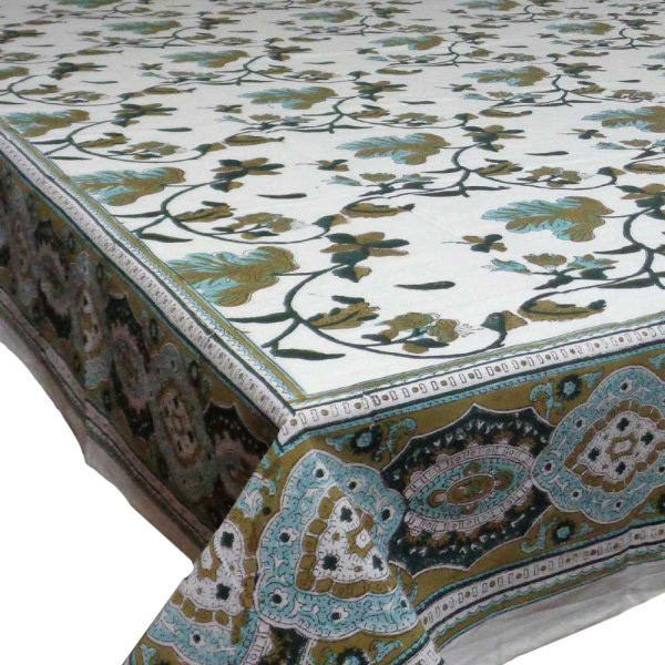 Hand Block Printed Cotton Tablecloth 180x270 Mast Bale Jade Olive 103481