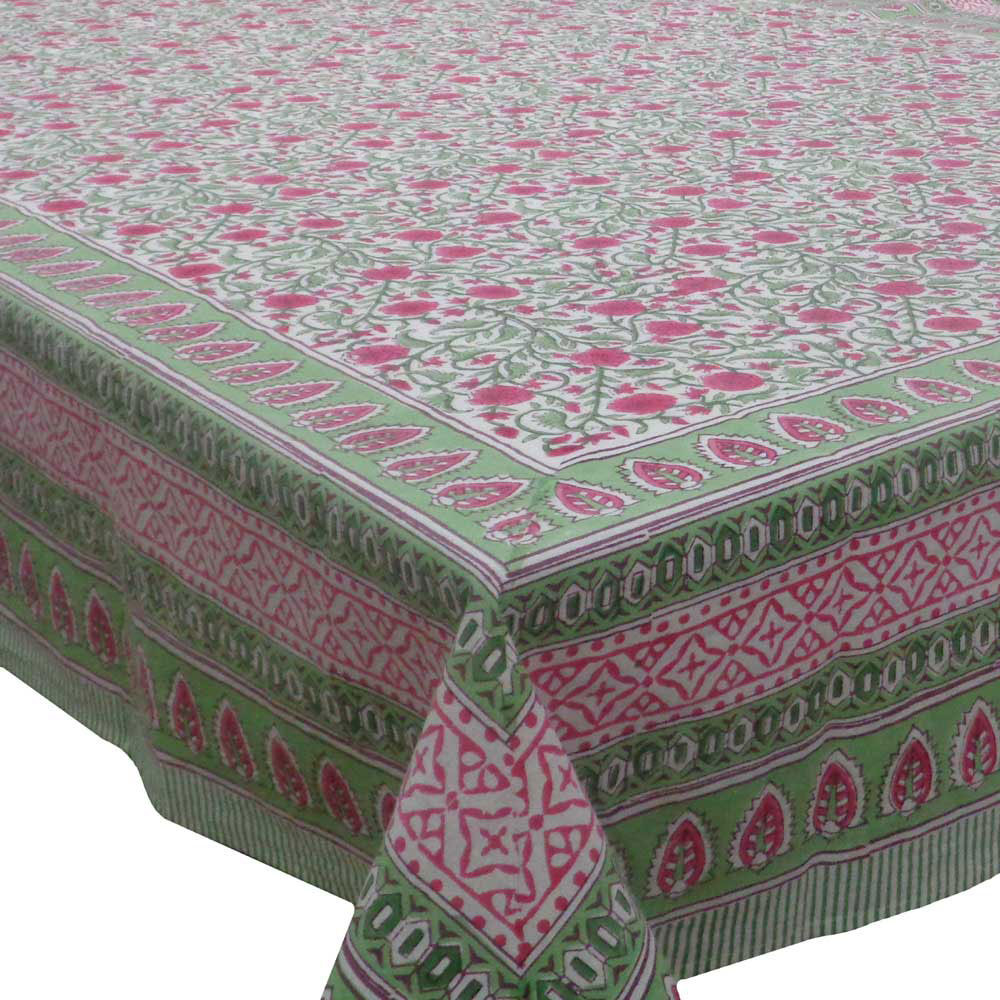 Hand Block Printed Cotton Tablecloth 180x270 Pink Blossom Open 109656