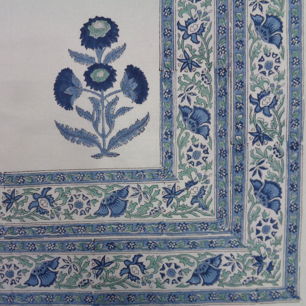 Hand Block Printed Cotton Tablecloth 180x270 cms Boota Blue 204108