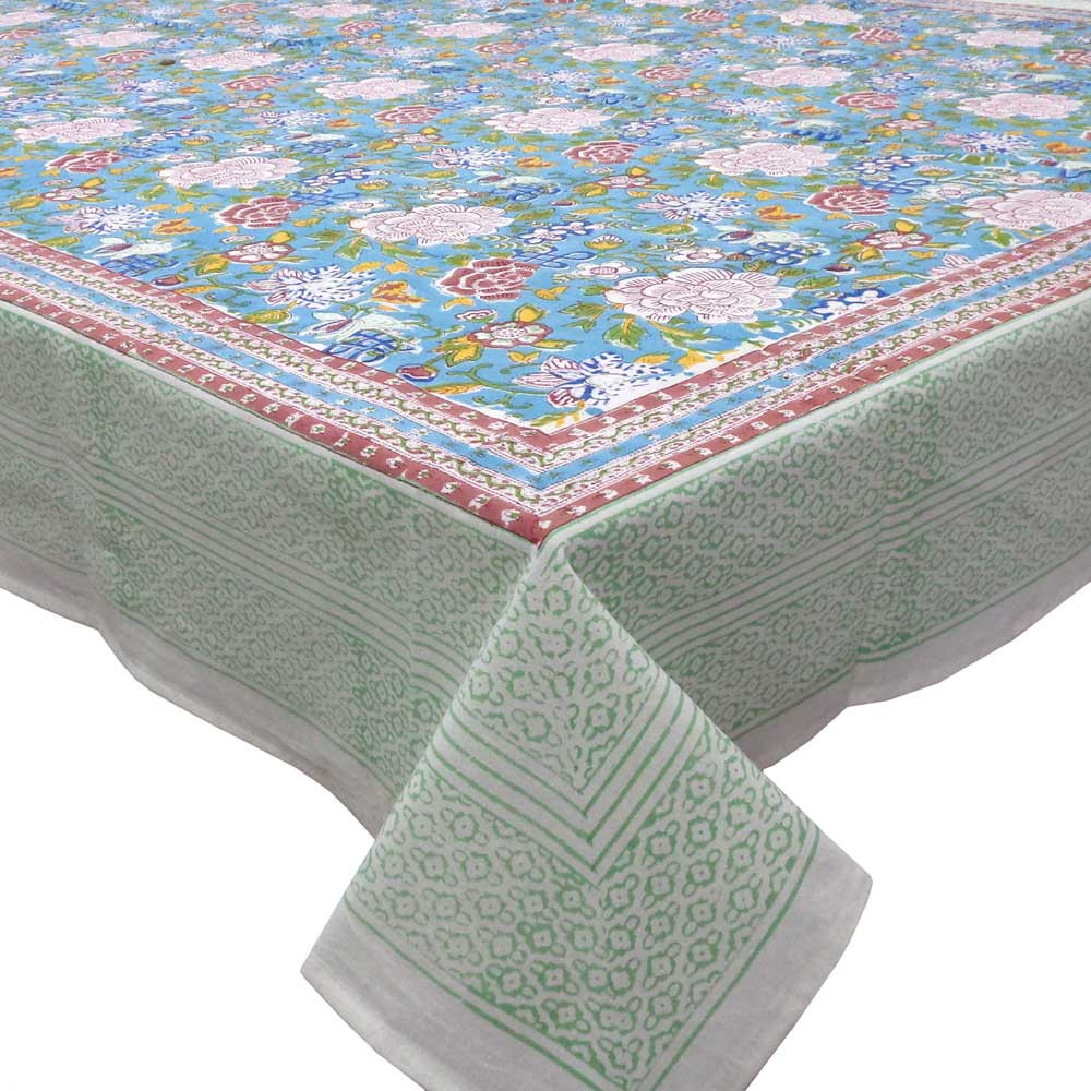 Hand Block Printed Cotton Tablecloth 180x270 cms  Floral Canvas Blue Jade Gud 206865