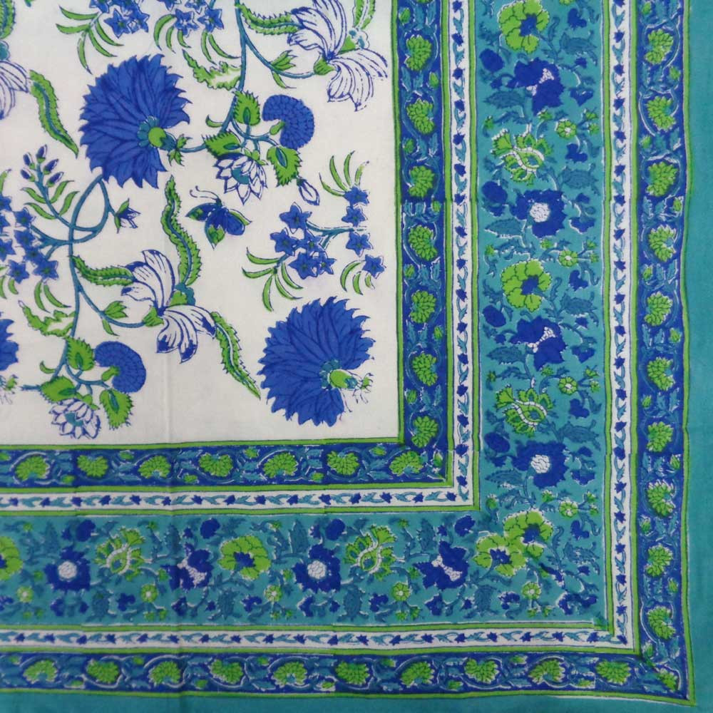Hand Block Printed Cotton Tablecloth 180x270 cms Flower Blossom Sea Green Open 100358