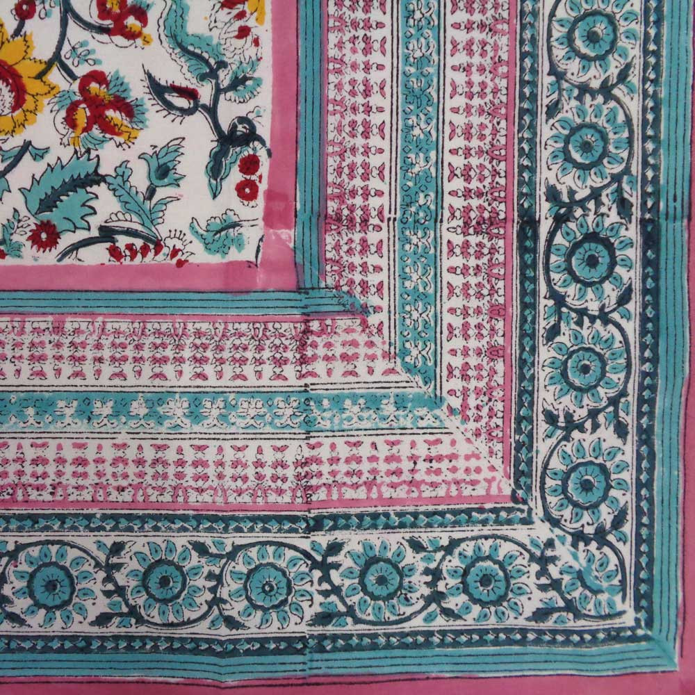 Hand Block Printed Cotton Tablecloth 180x270 cms  Phuljhari Pink Open 8514