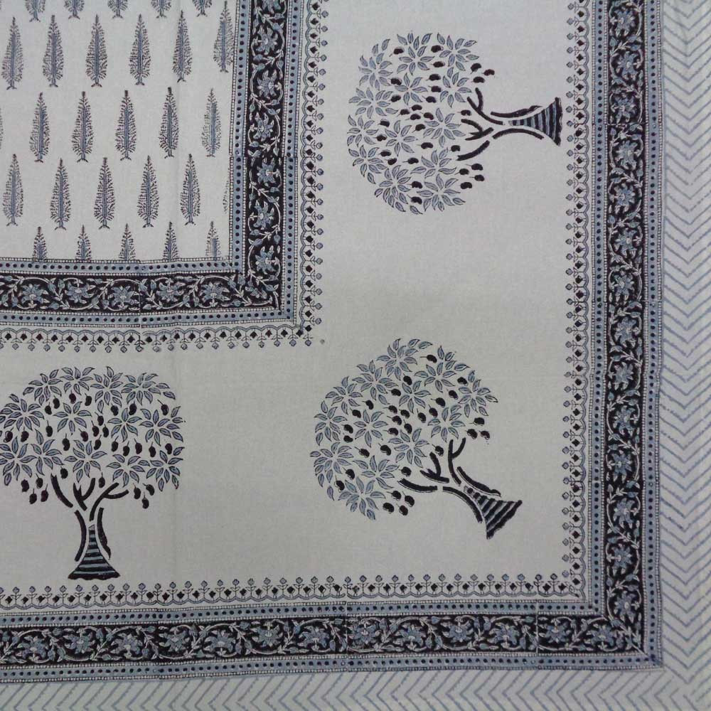 Hand Block Printed Cotton Tablecloth 180x270 cms  Winter Fall Tree Grey 107195