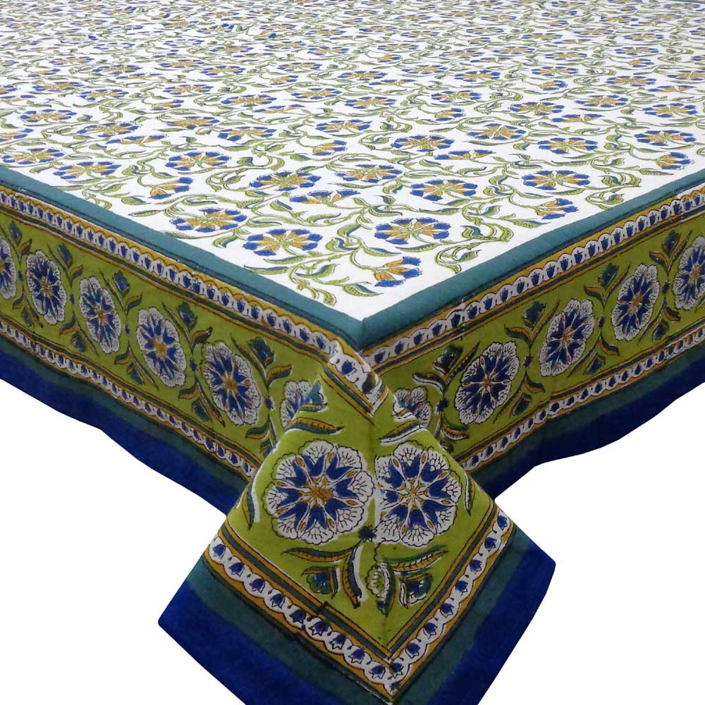 Hand Block Printed Cotton Tablecloth 180x340 cms Chakri Blue Open 203257