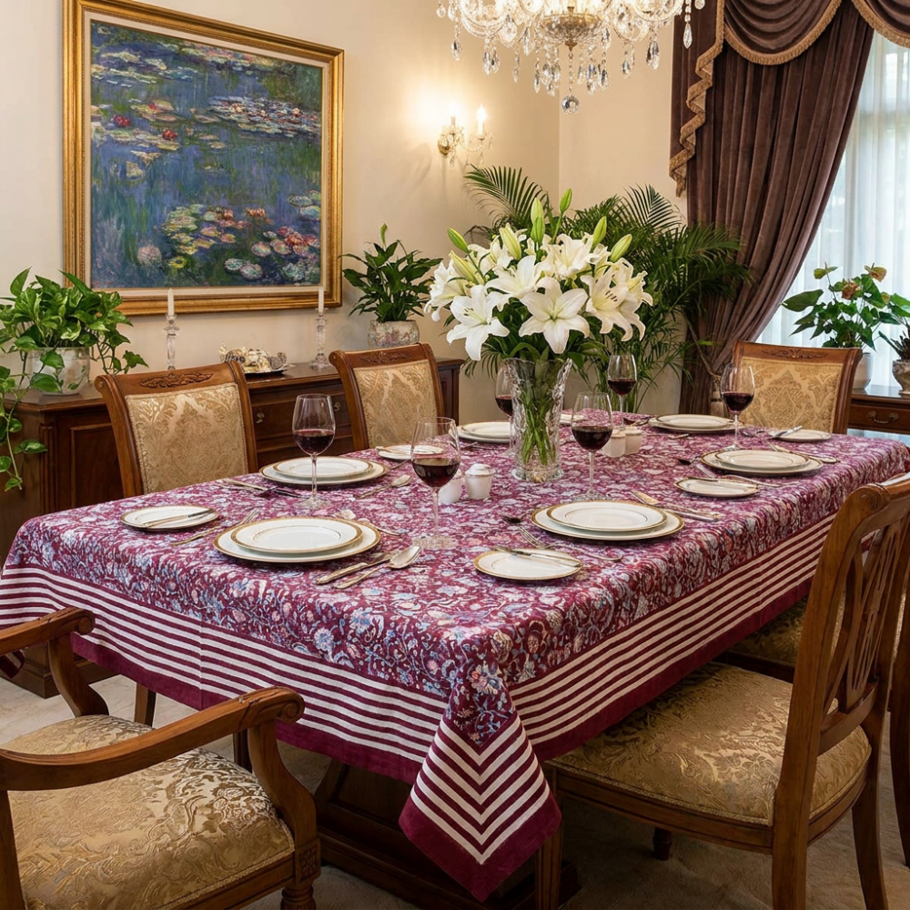 Image of Hand Block Printed Cotton Tablecloth 180x340 cms | Rukmani Maroon Gud 620607