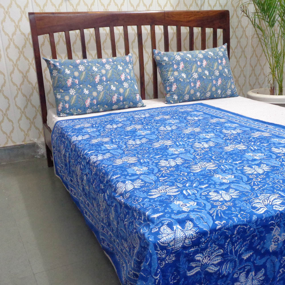 Image of Hand Block Printed Cotton Twin Size Dohar | Anarkali Blue 501784