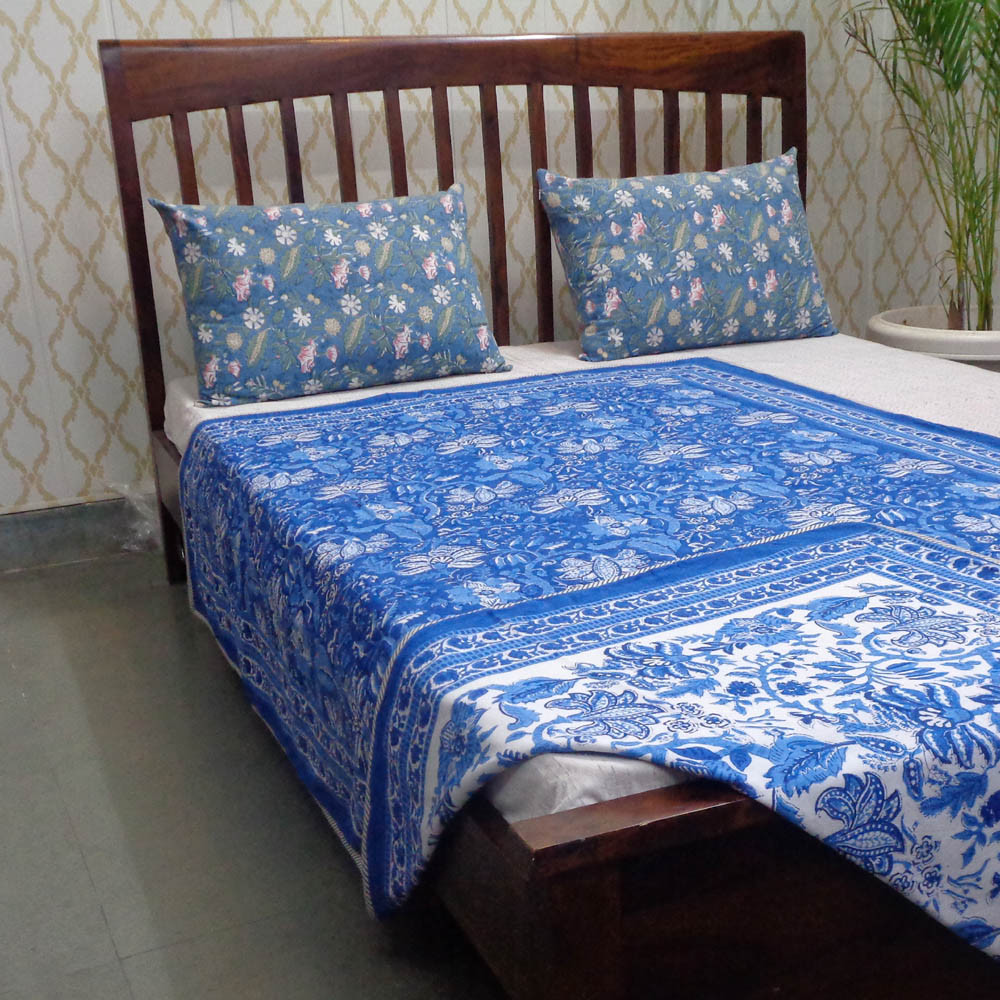 Hand Block Printed Cotton Twin Size Dohar Anarkali Blue 501784
