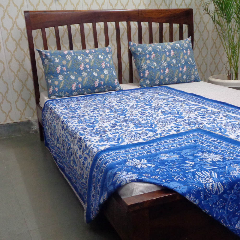 Hand Block Printed Cotton Twin Size Dohar Anarkali Blue 501784