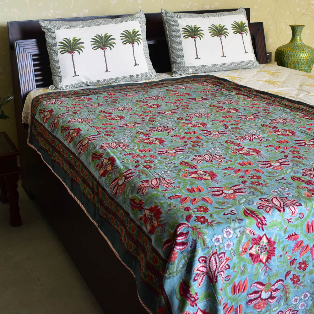 Image of Hand Block Printed Cotton Twin Size Dohar | Anarkali Green Gud 106821