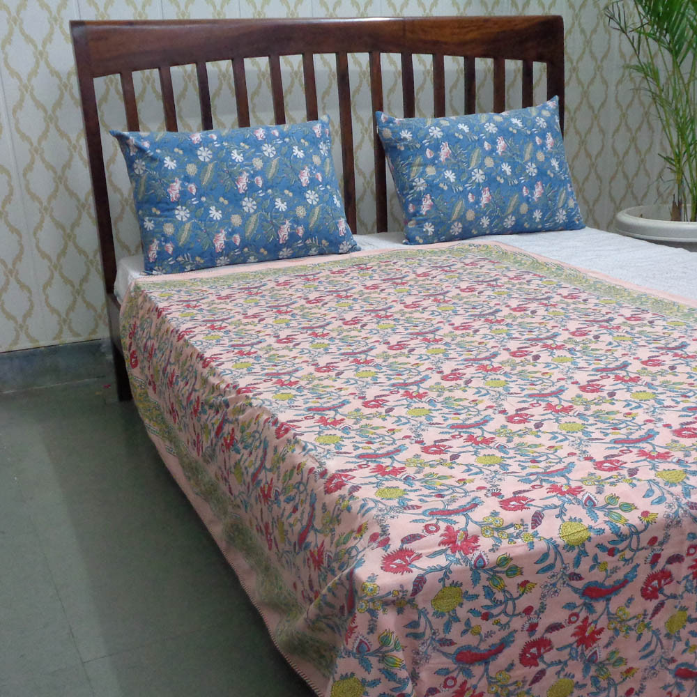 Image of Hand Block Printed Cotton Twin Size Dohar | Jungle Flower Peach 501074