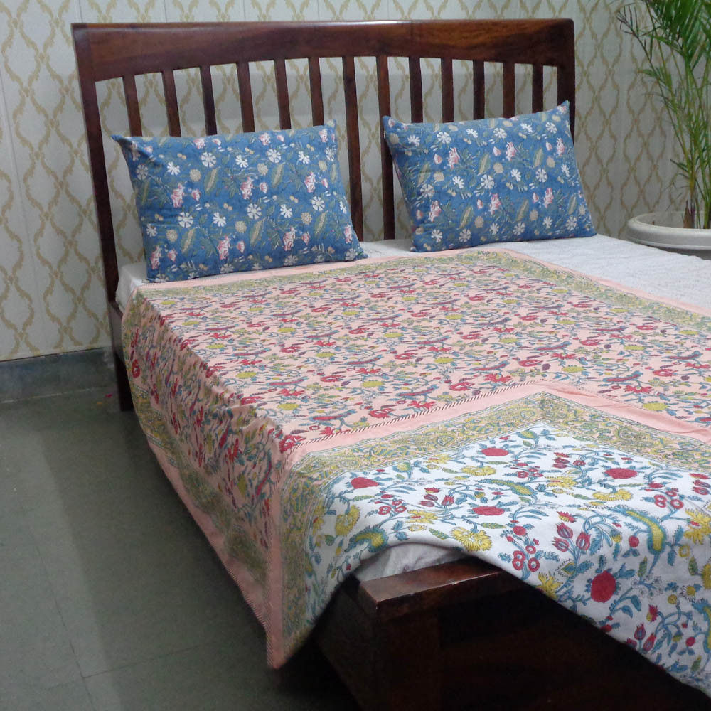 Hand Block Printed Cotton Twin Size Dohar  Jungle Flower Peach 501074