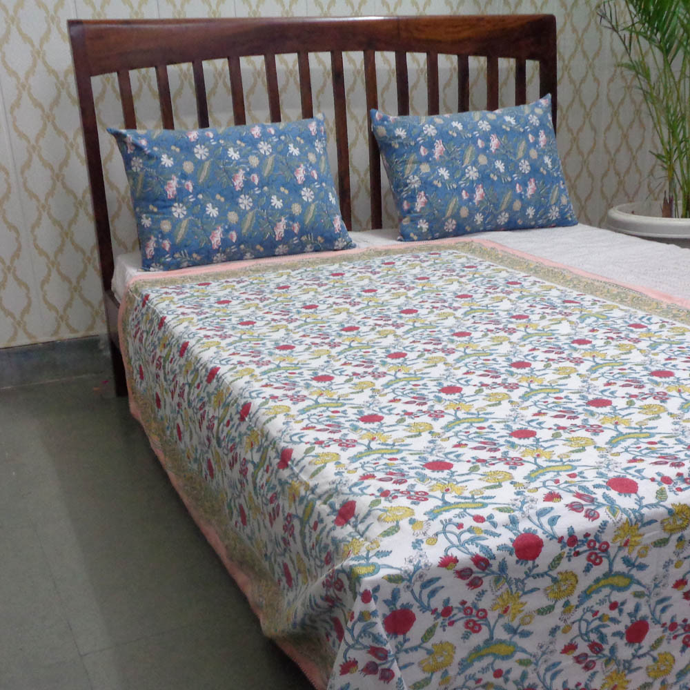 Hand Block Printed Cotton Twin Size Dohar Jungle Flower Peach 501074