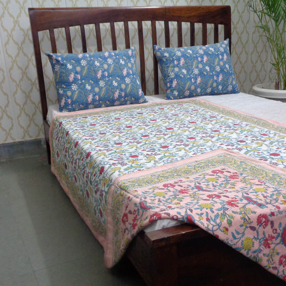 Hand Block Printed Cotton Twin Size Dohar  Jungle Flower Peach 501074