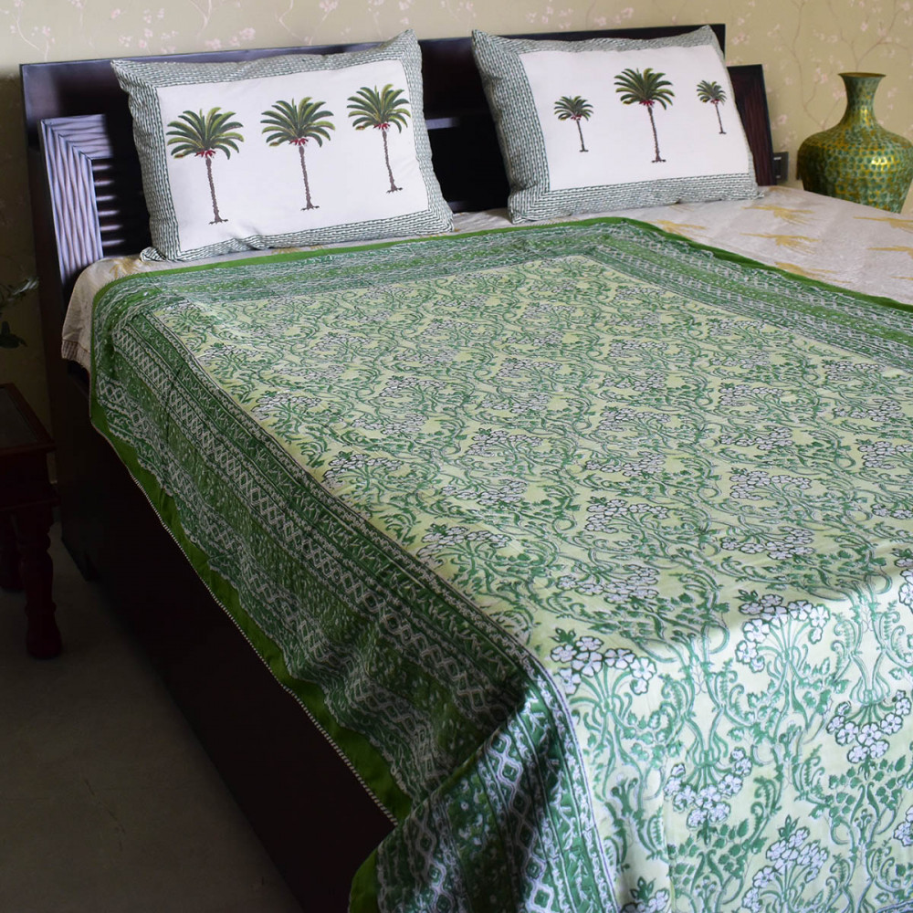 Image of Hand Block Printed Cotton Twin Size Dohar | Raat Ki Rani Green 207006