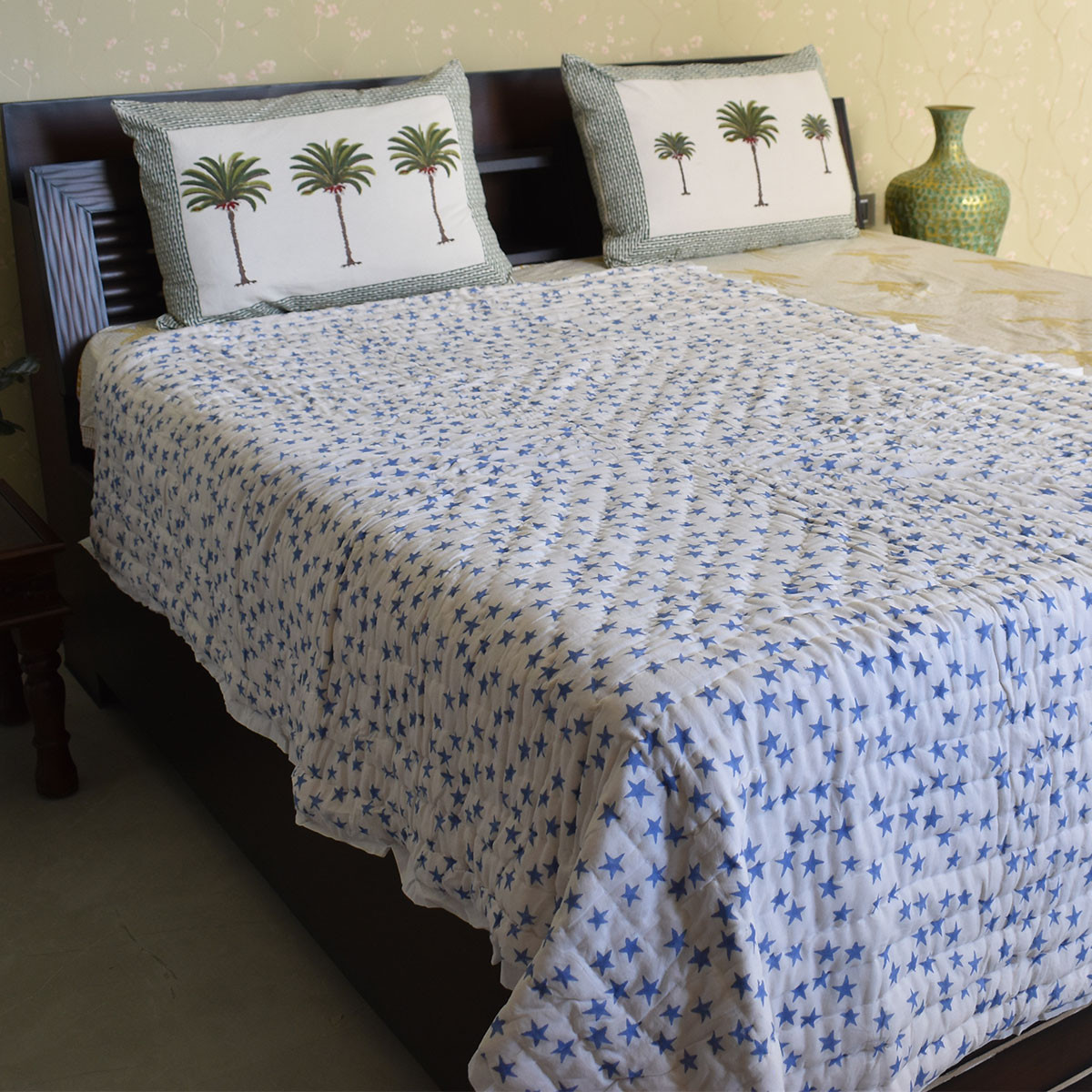 Hand Block Printed Cotton Twin Size Quilt Star Blue 202509