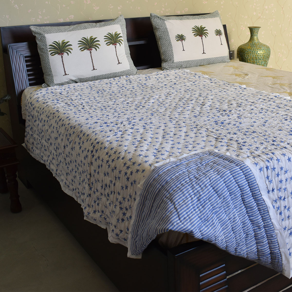 Hand Block Printed Cotton Twin Size Quilt Star Blue 202509