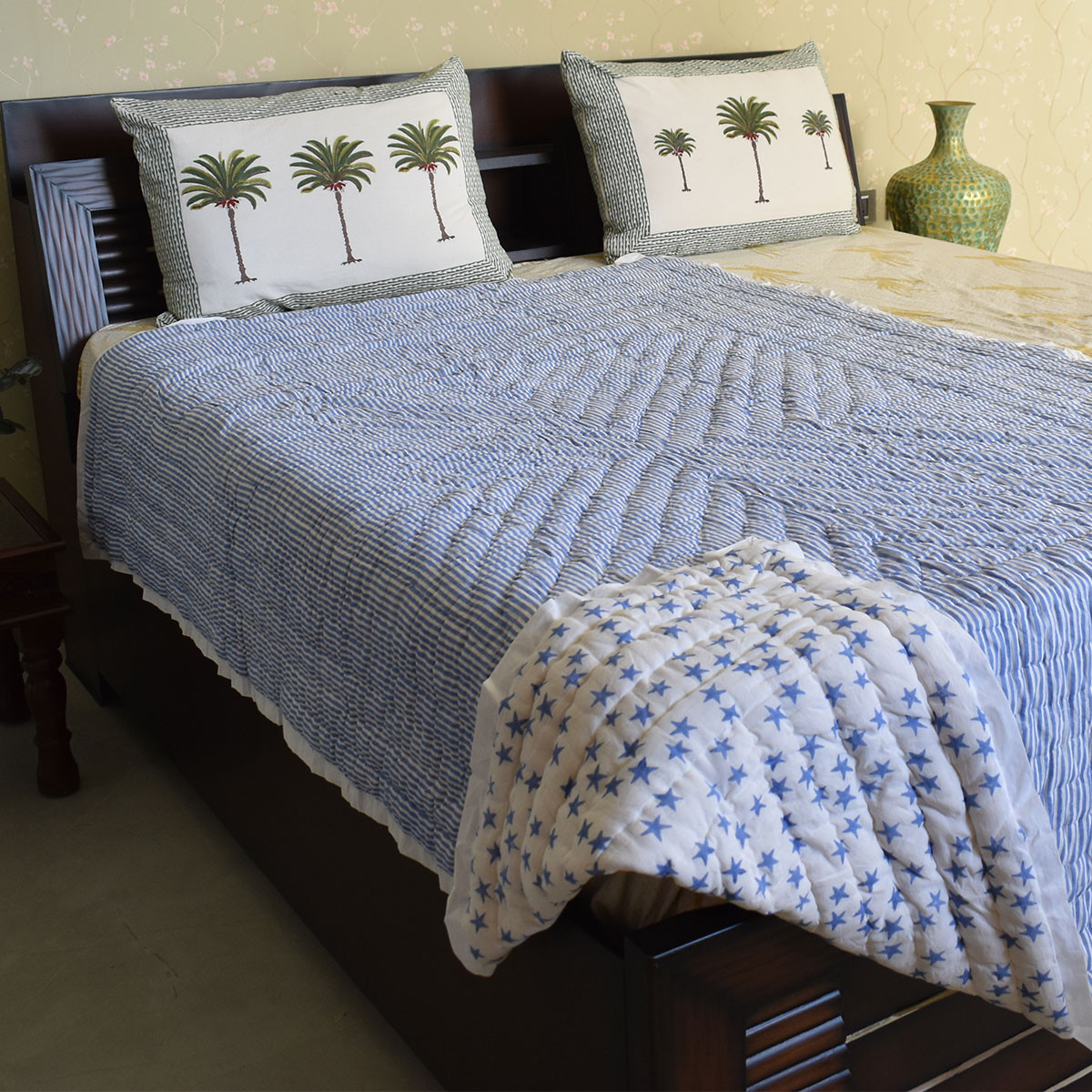 Hand Block Printed Cotton Twin Size Quilt Star Blue 202509