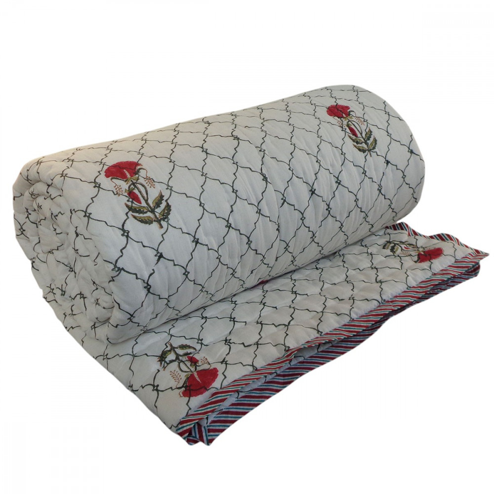 Image of Hand Block Printed Cotton Twin Size Quilt | 202214