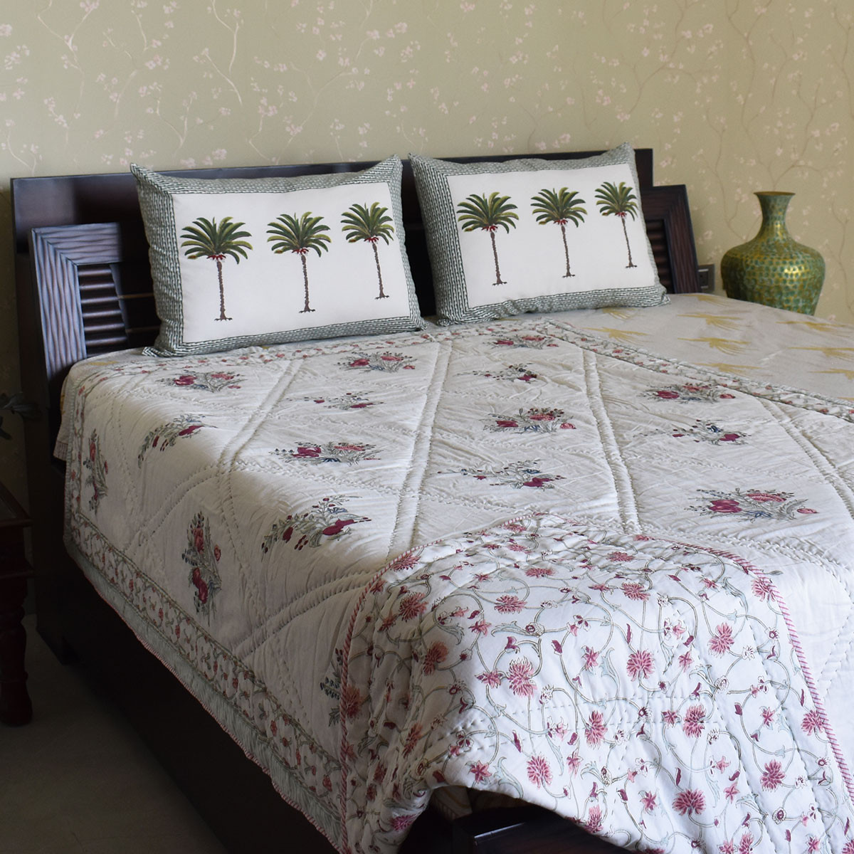 Hand Block Printed Cotton Twin Size Quilt 202413