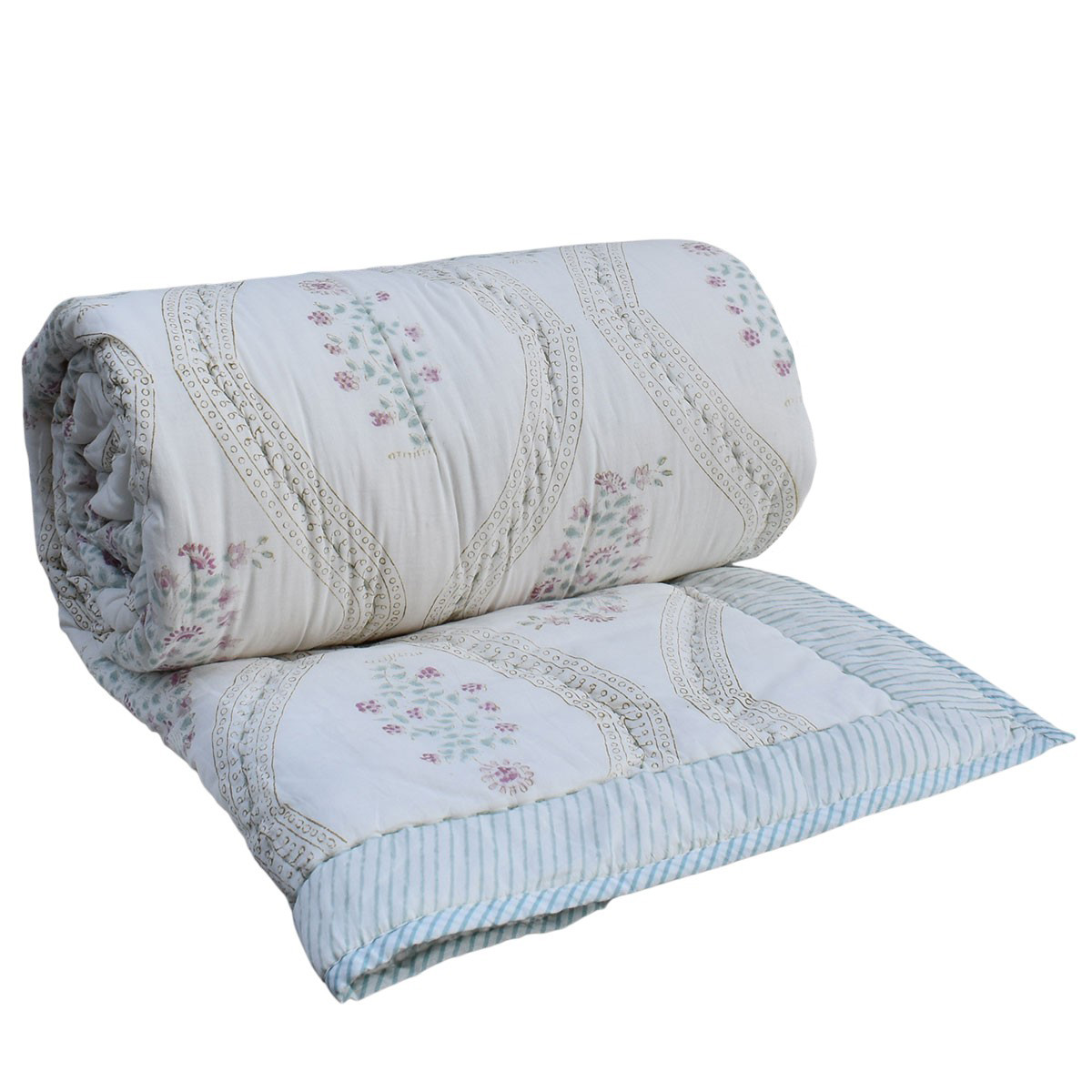 Hand Block Printed Cotton Twin Size Quilt 202414