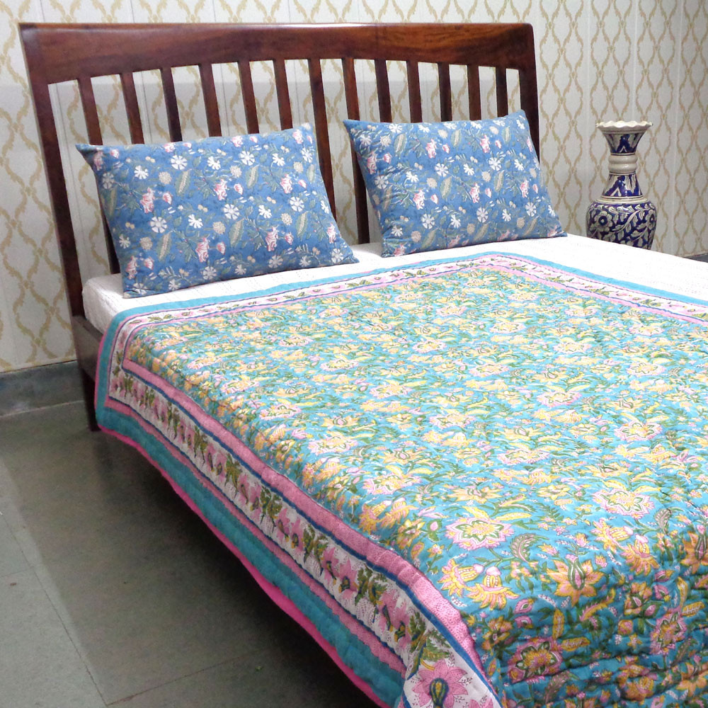 Hand Block Printed Cotton Twin Size Quilt 808141