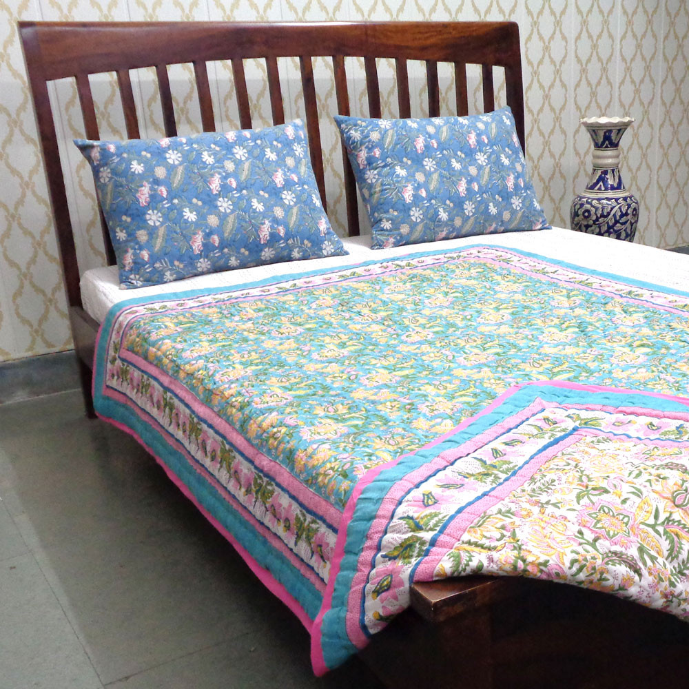 Hand Block Printed Cotton Twin Size Quilt 808141