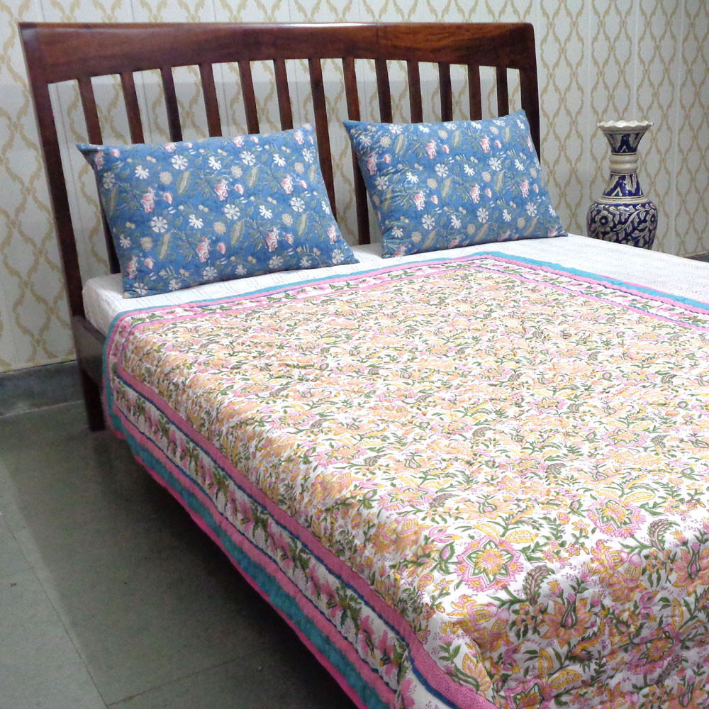 Hand Block Printed Cotton Twin Size Quilt 808141