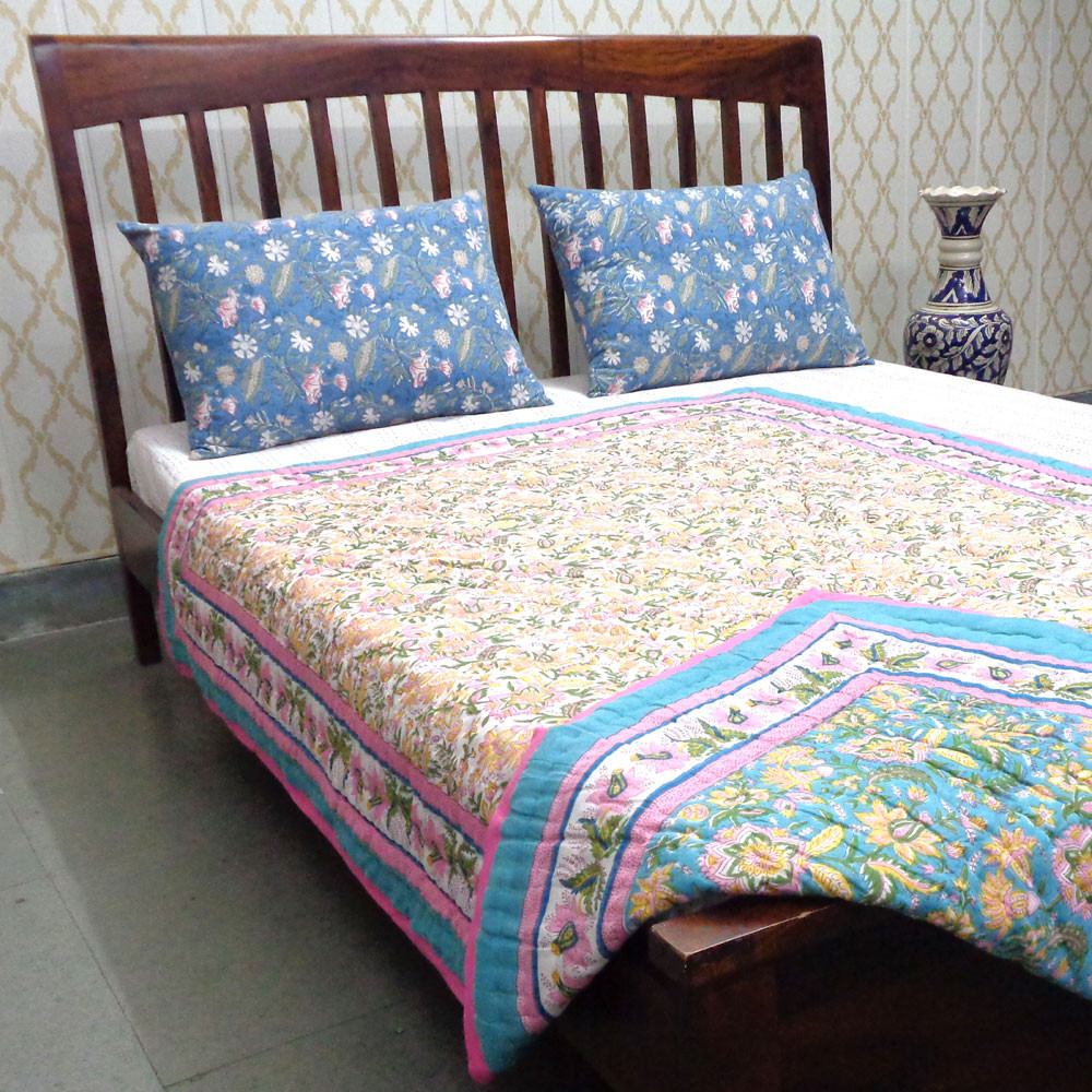 Hand Block Printed Cotton Twin Size Quilt 808141