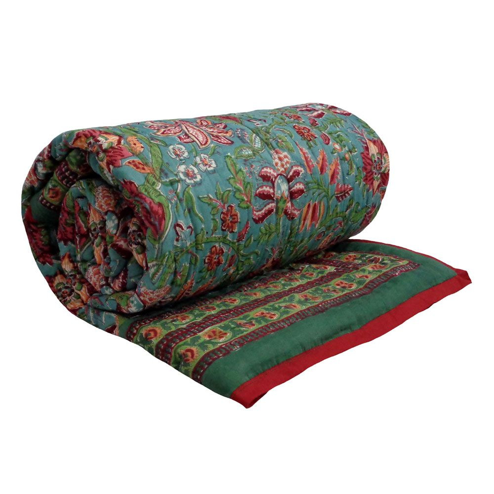 Image of Hand Block Printed Cotton Twin Size Quilt | Anarkali Green 4273