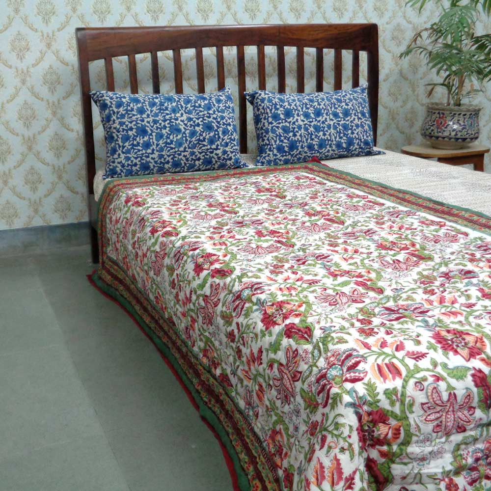 Hand Block Printed Cotton Twin Size Quilt Anarkali Green 4273