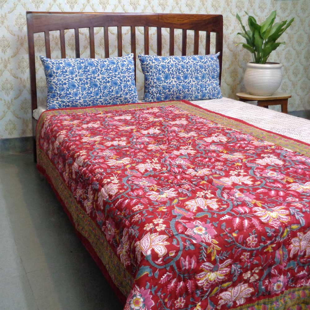 Hand Block Printed Cotton Twin Size Quilt  Anarkali Red Gud 201397
