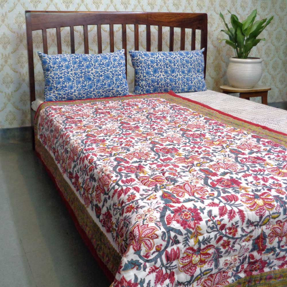 Hand Block Printed Cotton Twin Size Quilt  Anarkali Red Gud 201397