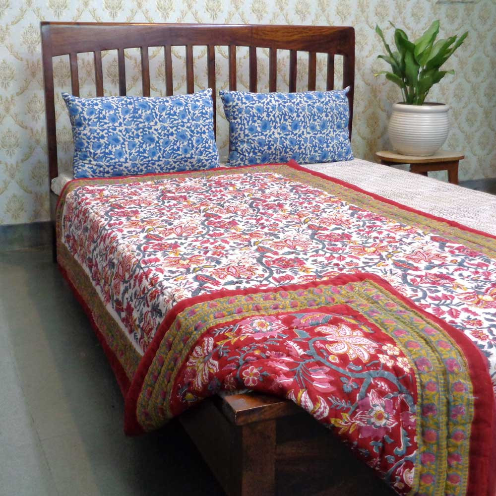 Hand Block Printed Cotton Twin Size Quilt Anarkali Red Gud 201397