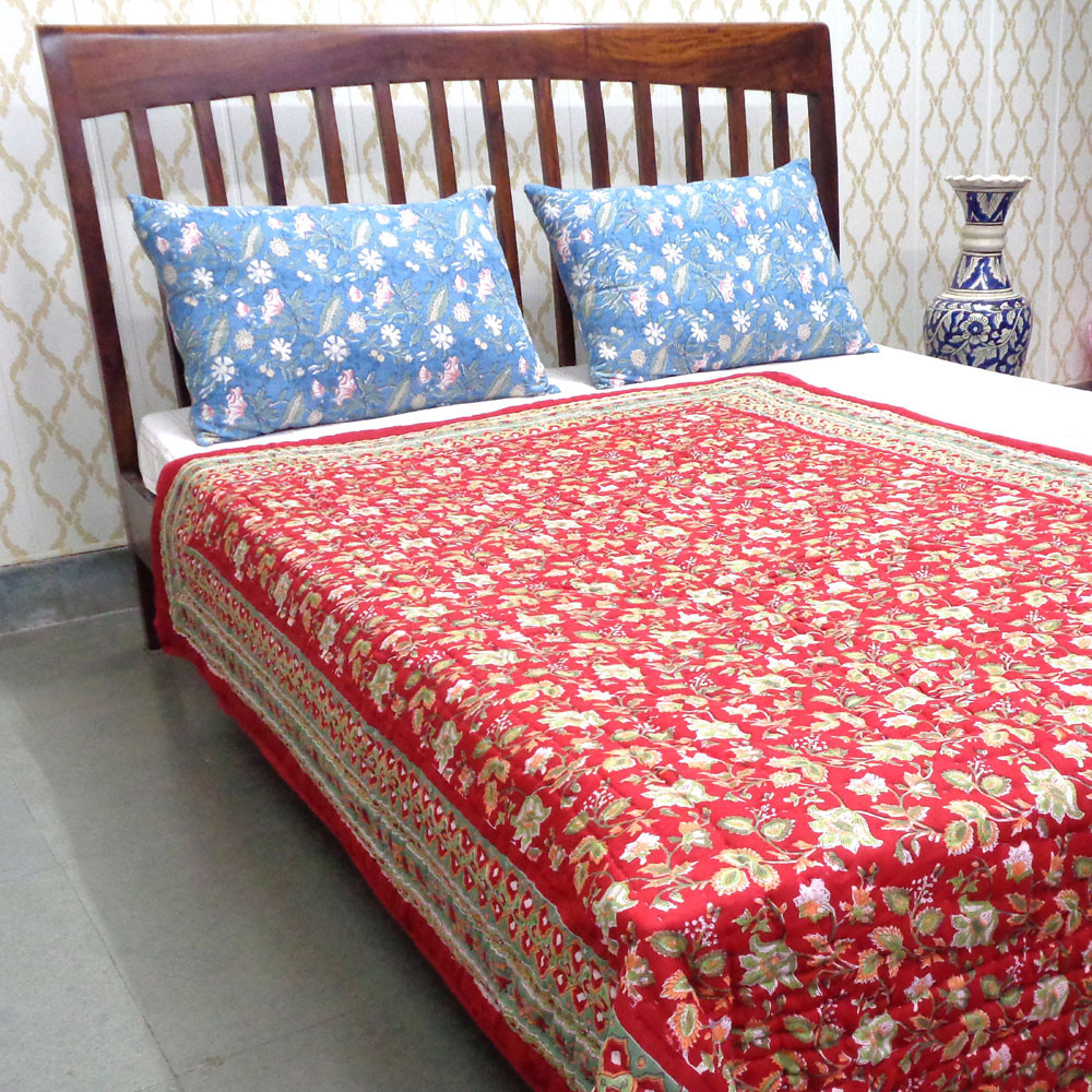 Hand Block Printed Cotton Twin Size Quilt  Apple Blossom 605165