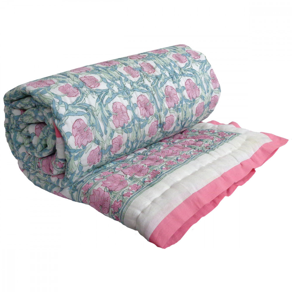 Image of Hand Block Printed Cotton Twin Size Quilt | Bauhaus Pink Flower 601774