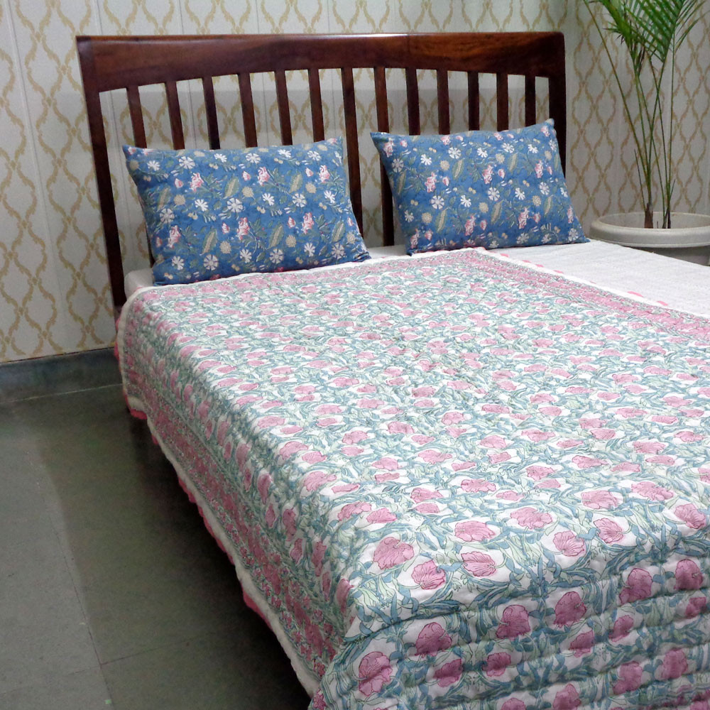 Hand Block Printed Cotton Twin Size Quilt Bauhaus Pink Flower 601774