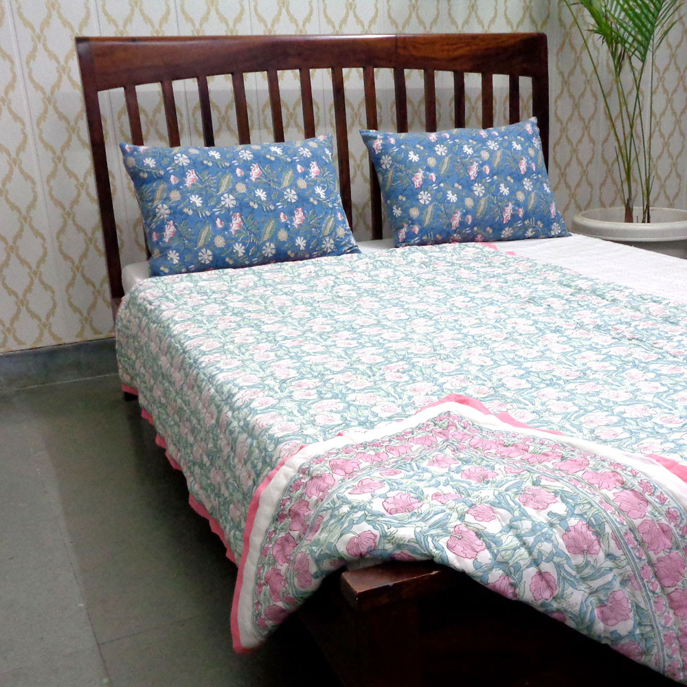 Hand Block Printed Cotton Twin Size Quilt Bauhaus Pink Flower 601774