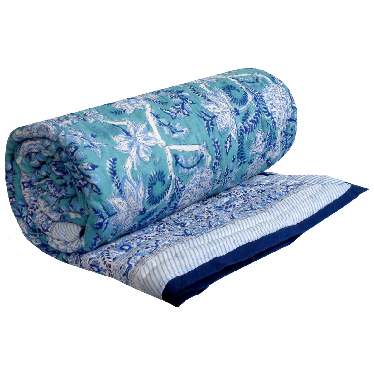Hand Block Printed Cotton Twin Size Quilt Bela Bristol Blue 601091