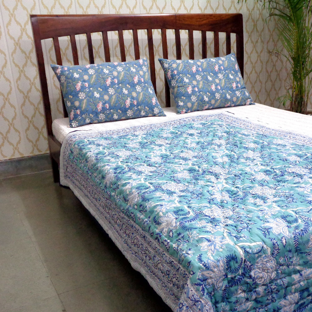 Hand Block Printed Cotton Twin Size Quilt Bela Bristol Blue 601091