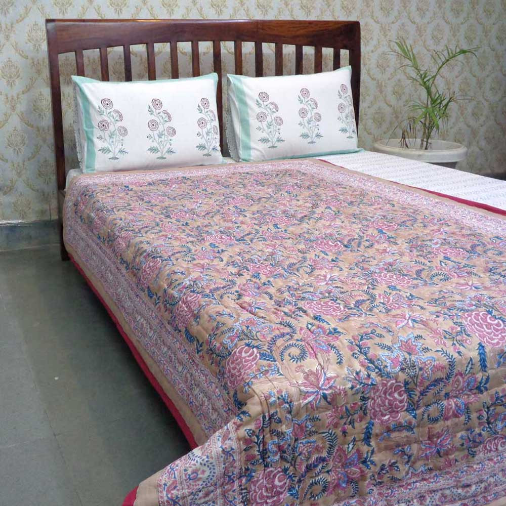 Hand Block Printed Cotton Twin Size Quilt  Bela Maroon 303588