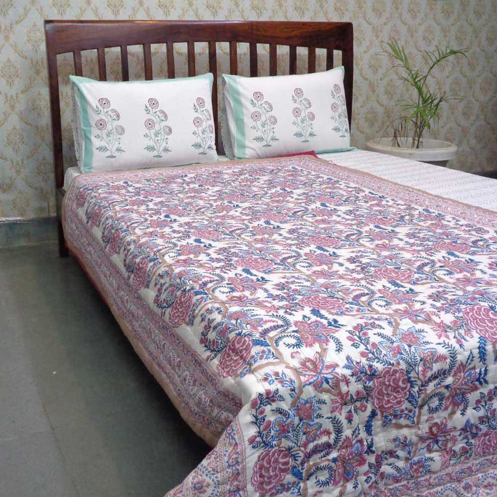 Hand Block Printed Cotton Twin Size Quilt  Bela Maroon 303588